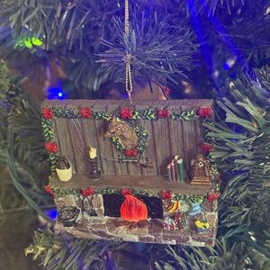 Vintage Cracker Barrel Festive Fireplace Ornament with Red and Green Accents